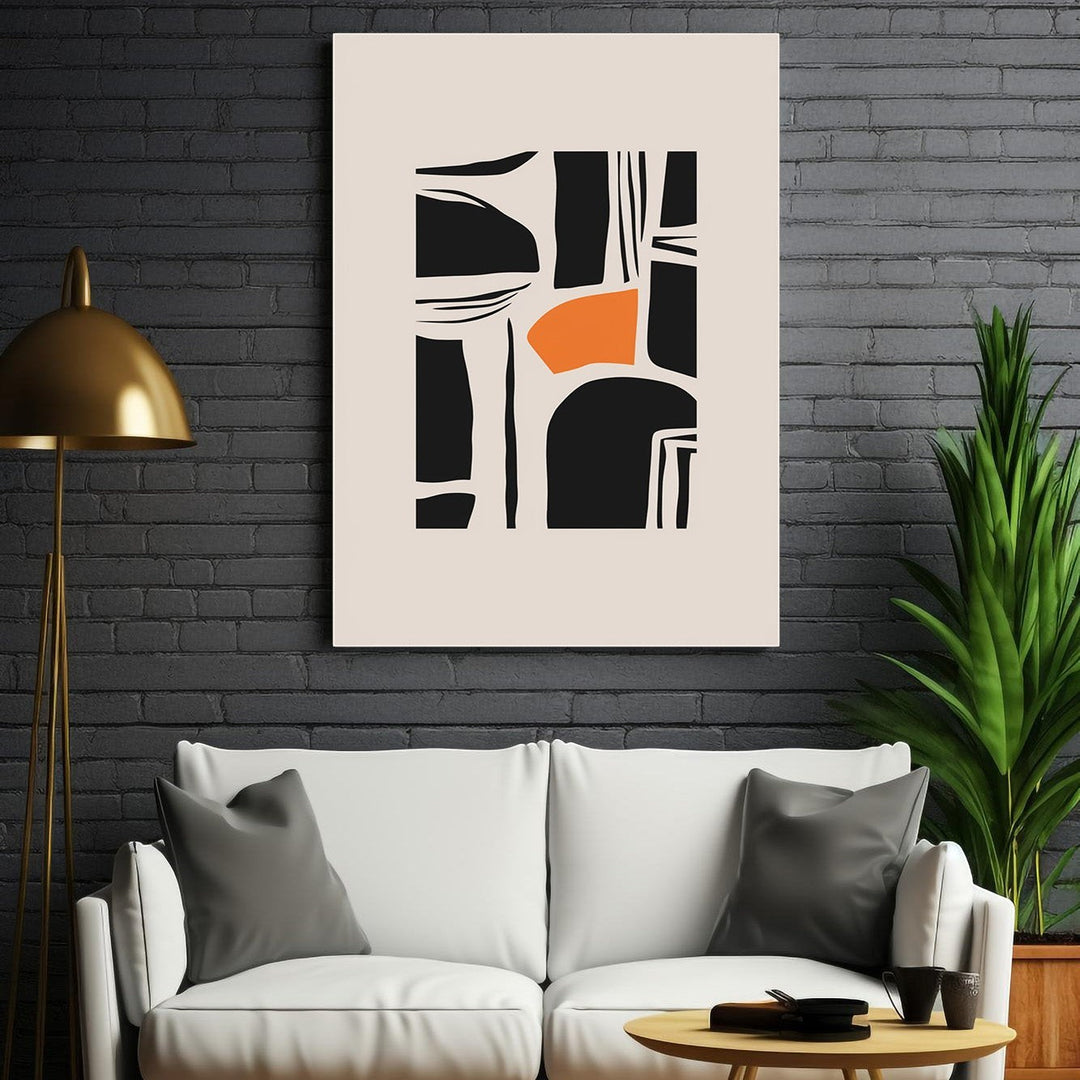 Wadi Home abstract geometric wall art with black shapes and orange accent on cream background.