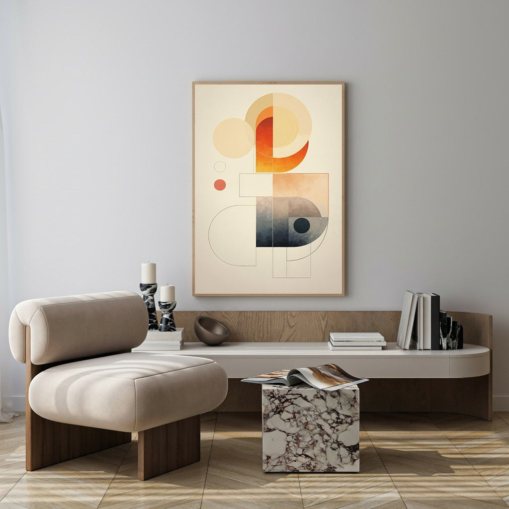 Wadi Home abstract geometric wall art with warm oranges, deep blues, and creams. Features circles, lines, and organic shapes.