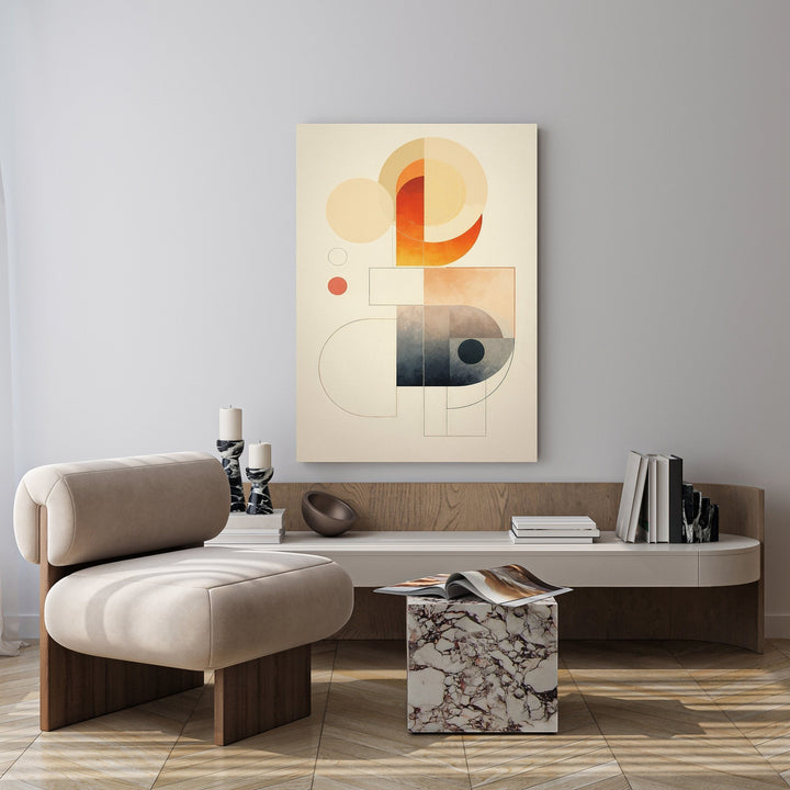 Wadi Home abstract geometric wall art with warm oranges, deep blues, and creams. Features circles, lines, and organic shapes.