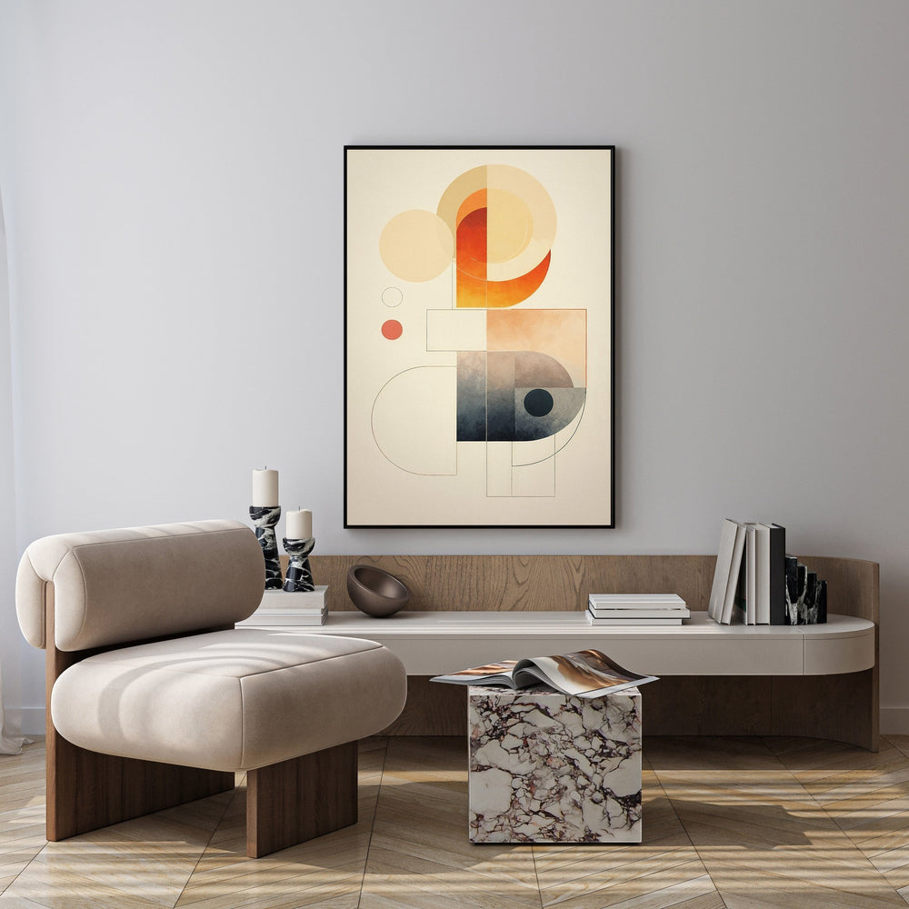 Wadi Home abstract geometric wall art with warm oranges, deep blues, and creams. Features circles and clean lines.