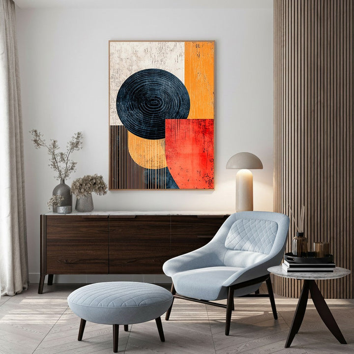 Wadi Home abstract geometric wall art with bold orange, deep blue, and red textured shapes. Modern composition.
