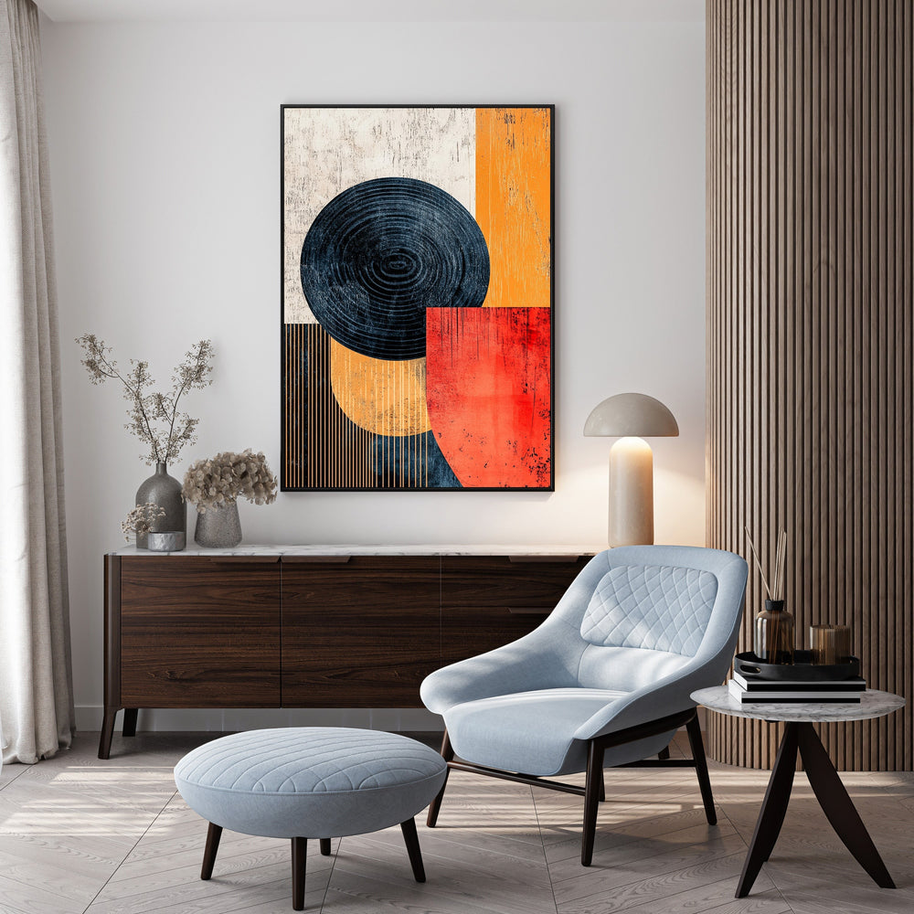Wadi Home abstract geometric wall art with bold orange, deep blue, and red shapes. Textured finish.