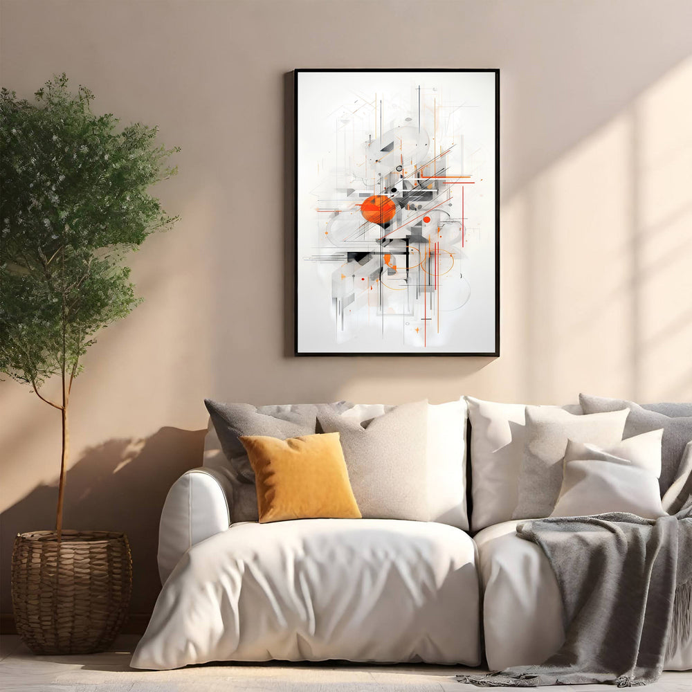 Wadi Home abstract geometric wall art with orange circle and black lines on white background, framed in black.