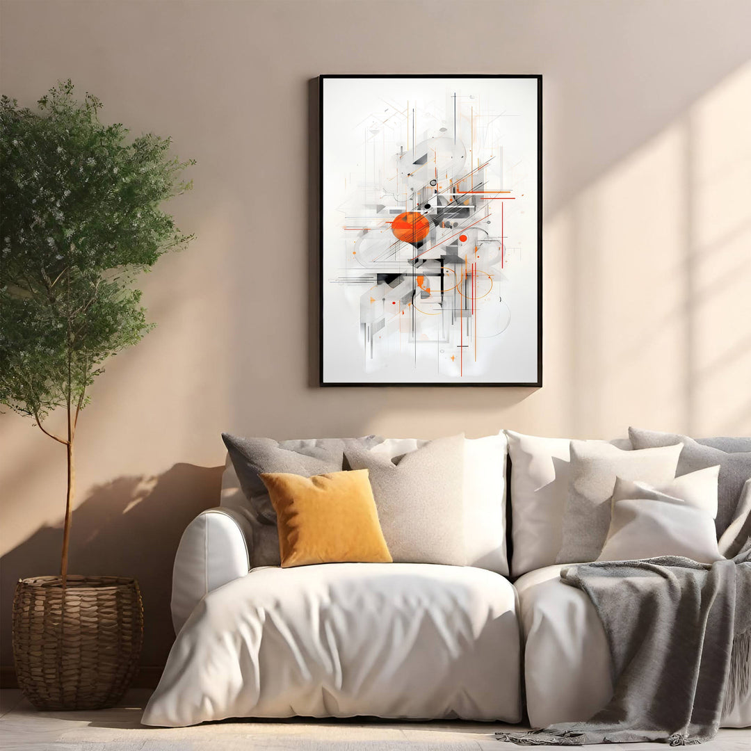 Wadi Home abstract geometric wall art with orange circle and black lines on white background, framed in black.