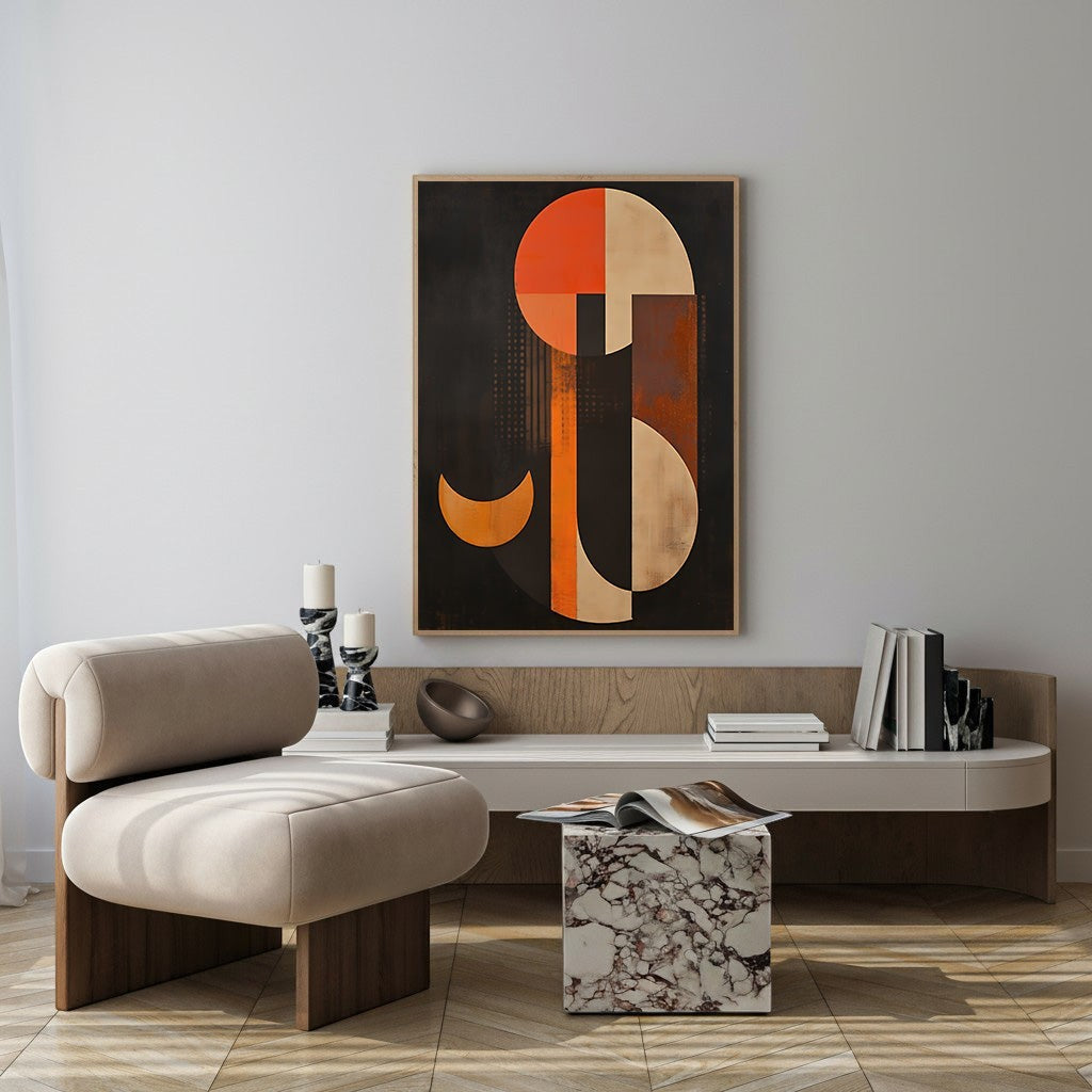 Wadi Home abstract geometric wall art in burnt orange, cream, and charcoal. Modern art with clean lines and balanced forms.