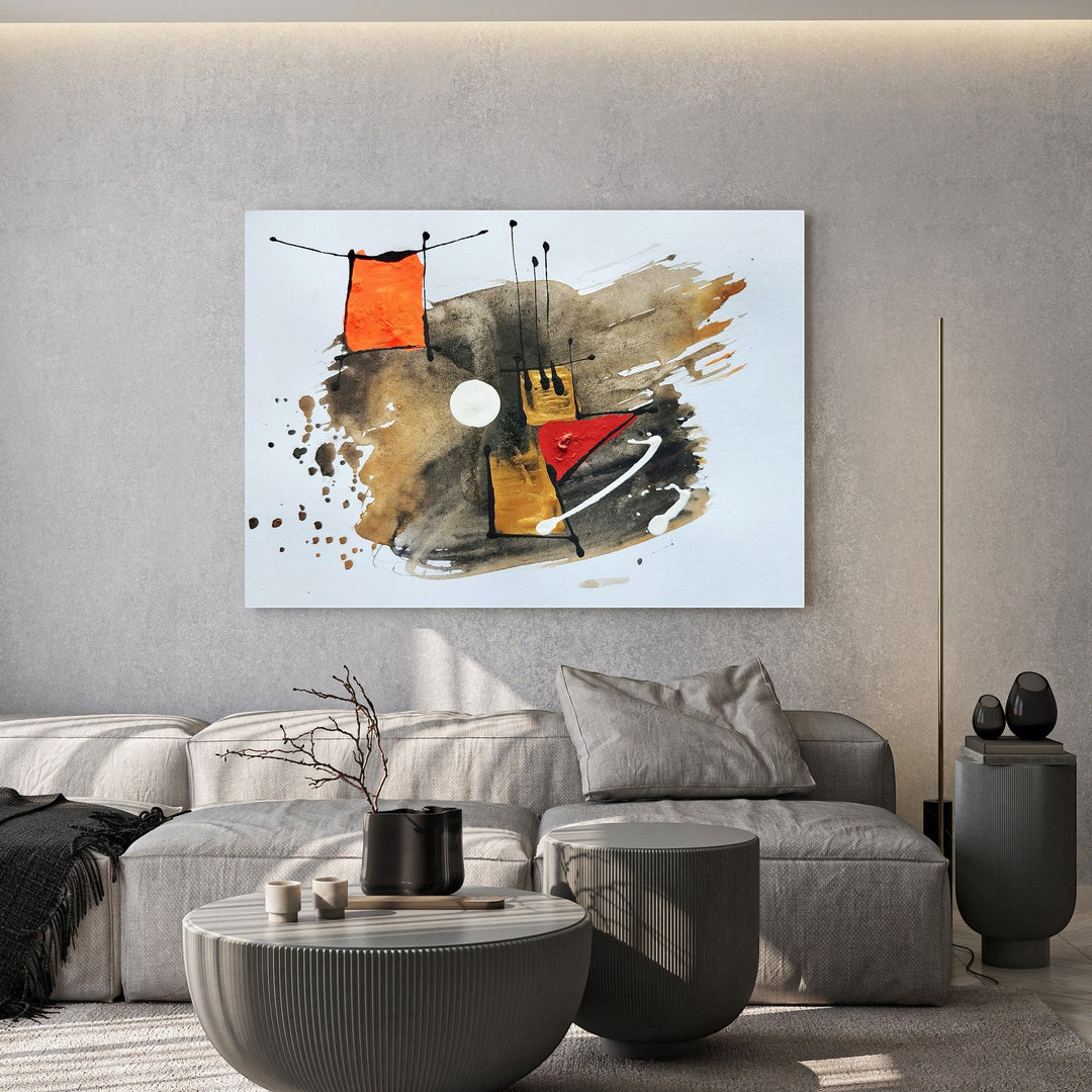 Wadi Home abstract geometric wall art with orange, red, gold, and brown hues, featuring bold shapes and expressive brushstrokes.