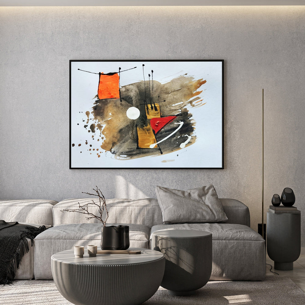 Wadi Home abstract geometric wall art with orange, red, gold, and brown hues. Features bold shapes and expressive brushstrokes.