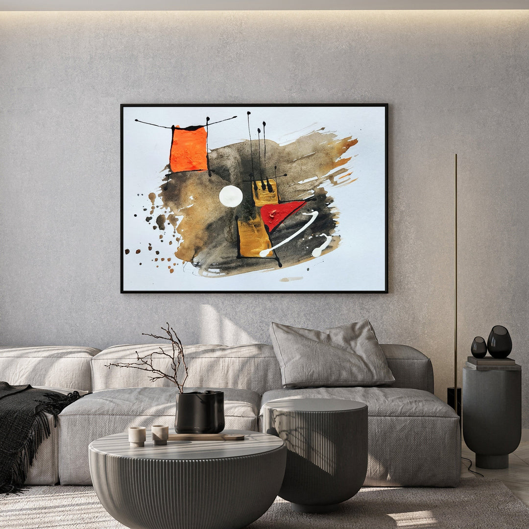 Wadi Home abstract geometric wall art with orange, red, gold, and brown hues. Features bold shapes and expressive brushstrokes.