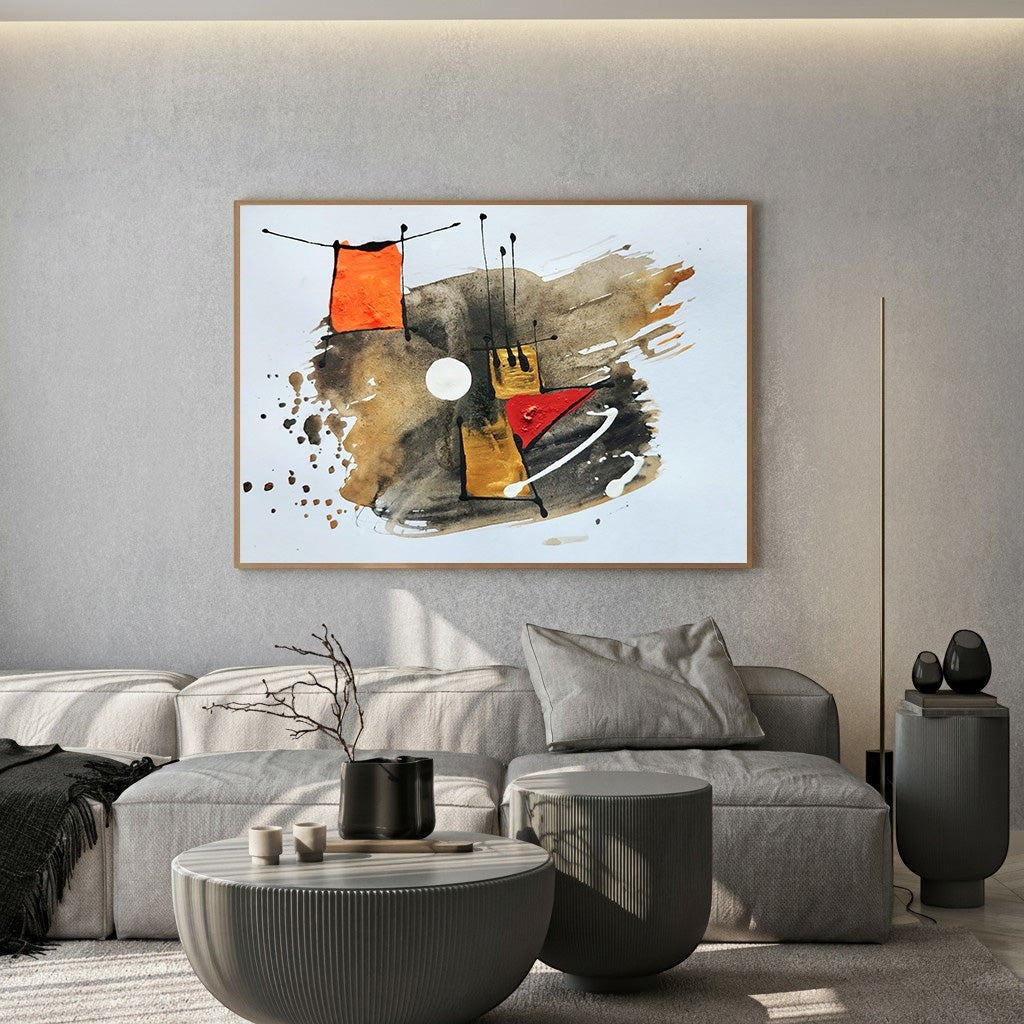 Wadi Home abstract geometric wall art with orange, red, gold, and brown hues. Features bold shapes and expressive brushstrokes.