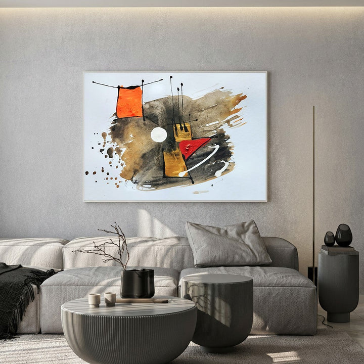 Wadi Home abstract geometric wall art with orange, red, gold, and brown hues. Dynamic shapes and expressive brushstrokes.