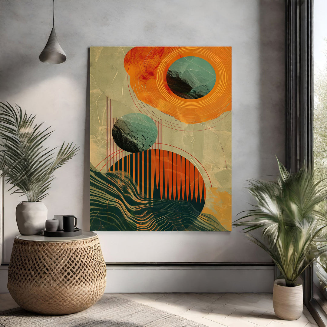Wadi Home abstract geometric wall art with circles and lines in orange, teal, and earthy tones. Textured background.