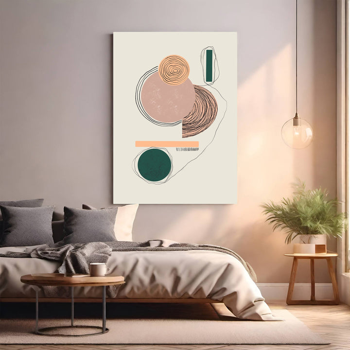 Wadi Home abstract geometric wall art with blush pink, forest green, and earth tones. Features circles and lines.