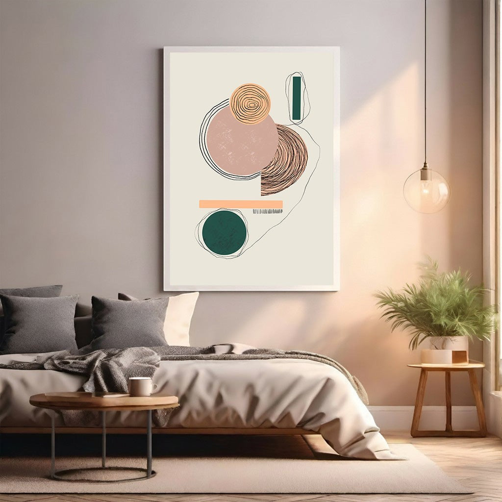 Wadi Home abstract geometric wall art with blush pink, green, and earth tones. Features circles, lines, and rectangles in a modern composition.