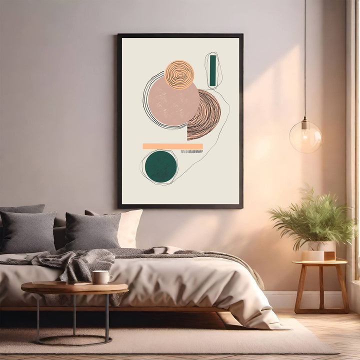 Wadi Home abstract geometric wall art with blush pink, green, and earth tones. Features circles and lines in a modern framed design.