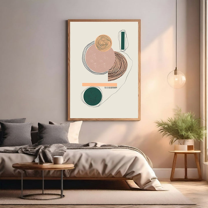 Wadi Home abstract geometric wall art with blush pink, green, and earth tones in a wooden frame.