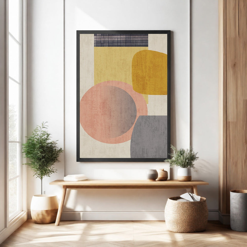 Wadi Home abstract geometric wall art with blush pink, mustard yellow, and grey shapes. Modern art for living rooms.
