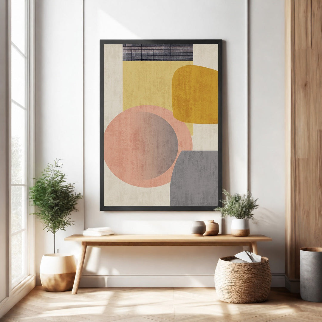 Wadi Home abstract geometric wall art with blush pink, mustard yellow, and grey shapes. Modern art for living rooms.