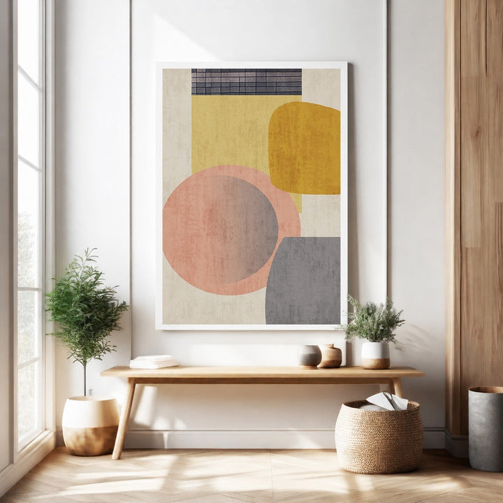 Wadi Home abstract geometric wall art with blush pink, mustard yellow, and grey circles and rectangles.