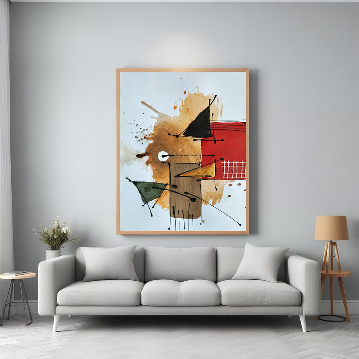 Wadi Home abstract geometric wall art with red, black, brown, and green shapes and splatters.