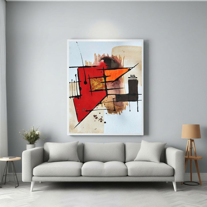 Wadi Home abstract geometric wall art with red, orange, and brown tones. Features sharp shapes and fluid lines.