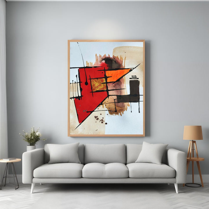 Wadi Home abstract geometric wall art with red, orange, and brown tones. Features sharp shapes and fluid lines.