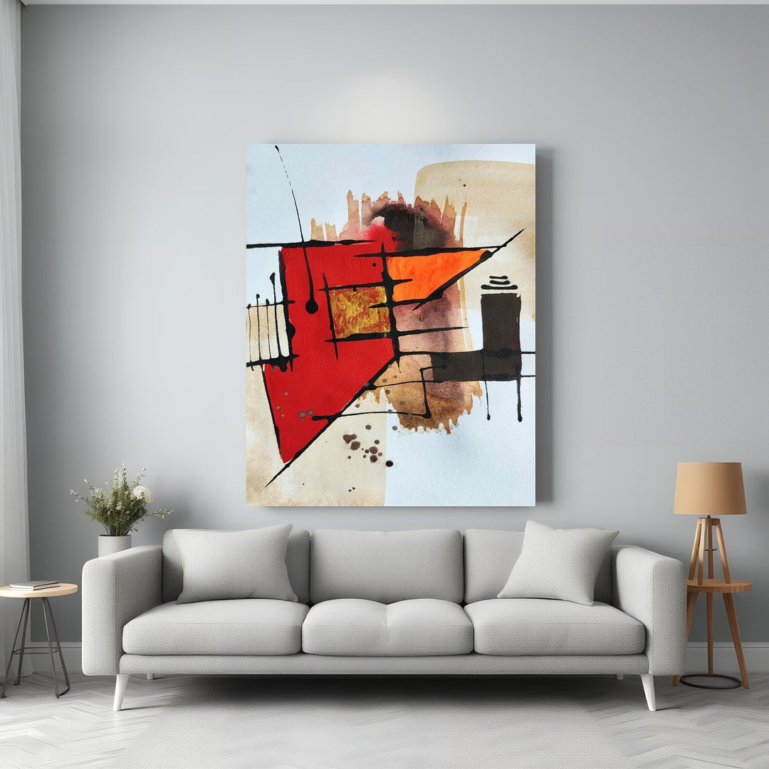 Wadi Home abstract geometric wall art with red, orange, and brown tones. Features sharp shapes and fluid lines.