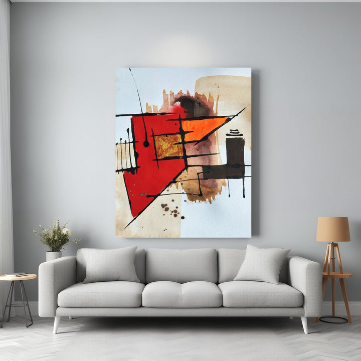 Wadi Home abstract geometric wall art with red, orange, and brown tones. Features sharp shapes and fluid lines.