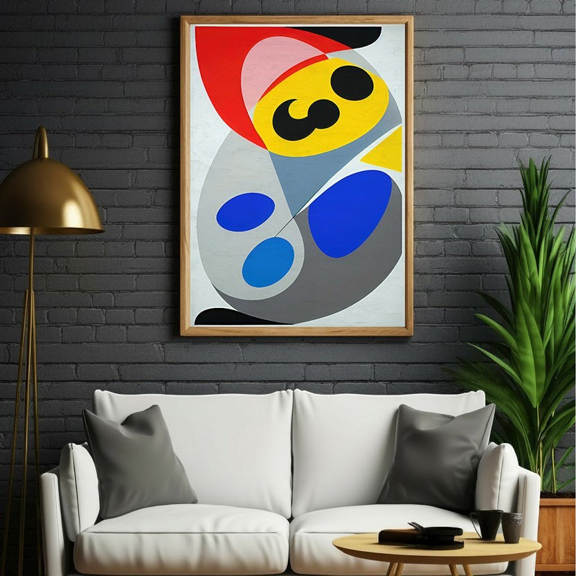 Wadi Home abstract geometric wall art with red, yellow, blue, gray, and black shapes in a wooden frame.