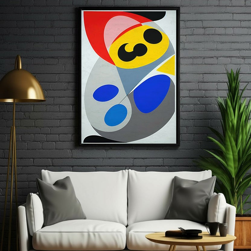 Wadi Home abstract geometric wall art with red, yellow, blue, gray, and black shapes. Modern art for living room.