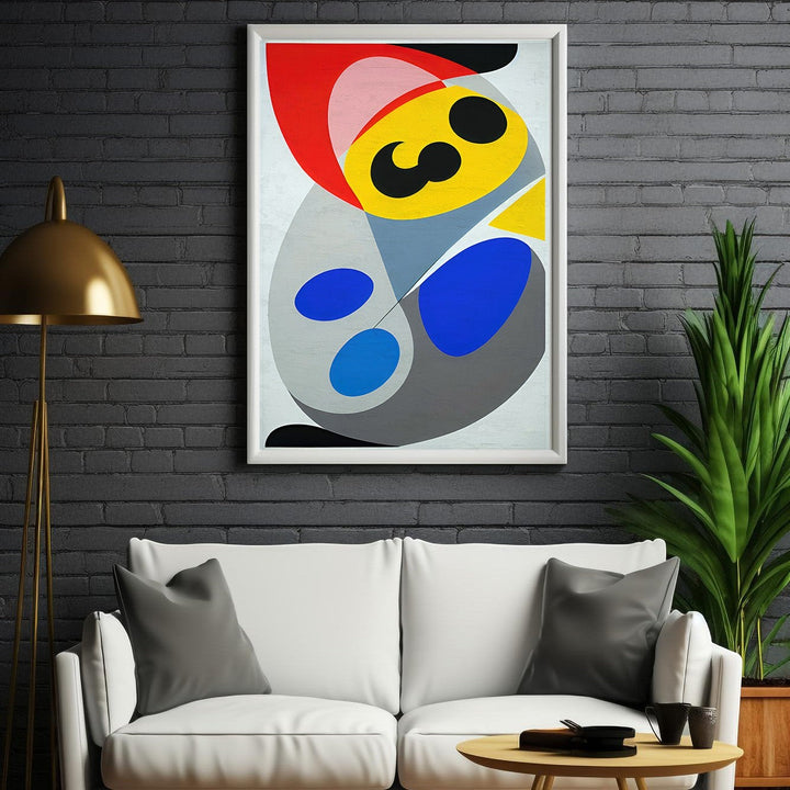 Wadi Home abstract geometric wall art with red, yellow, blue, gray, and black shapes. Modern art for living room.