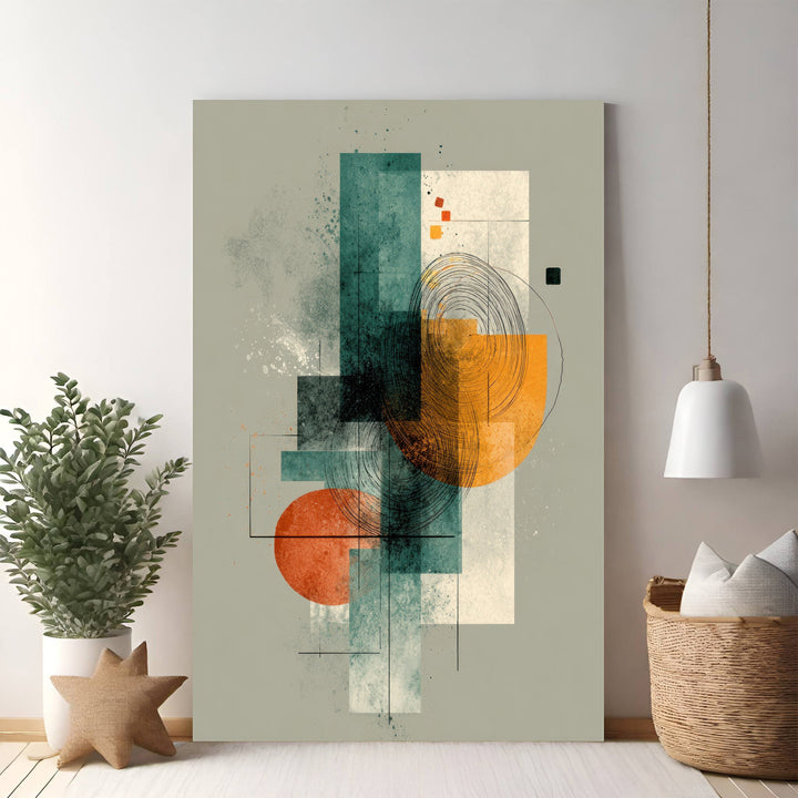 Wadi Home abstract geometric wall art with teal, orange, and cream rectangles, circles, and splatters.