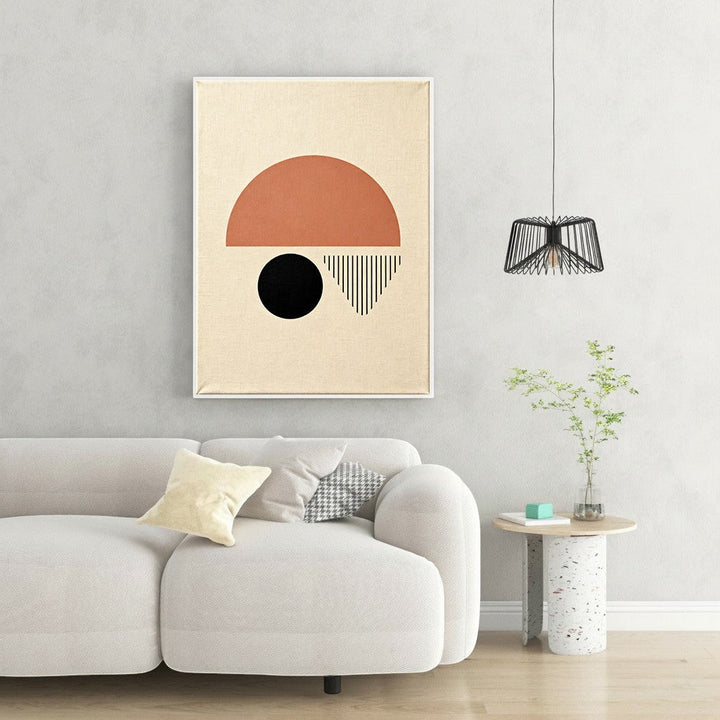 Wadi Home abstract geometric wall art with terracotta semi-circle, black circle, and vertical lines on textured background.