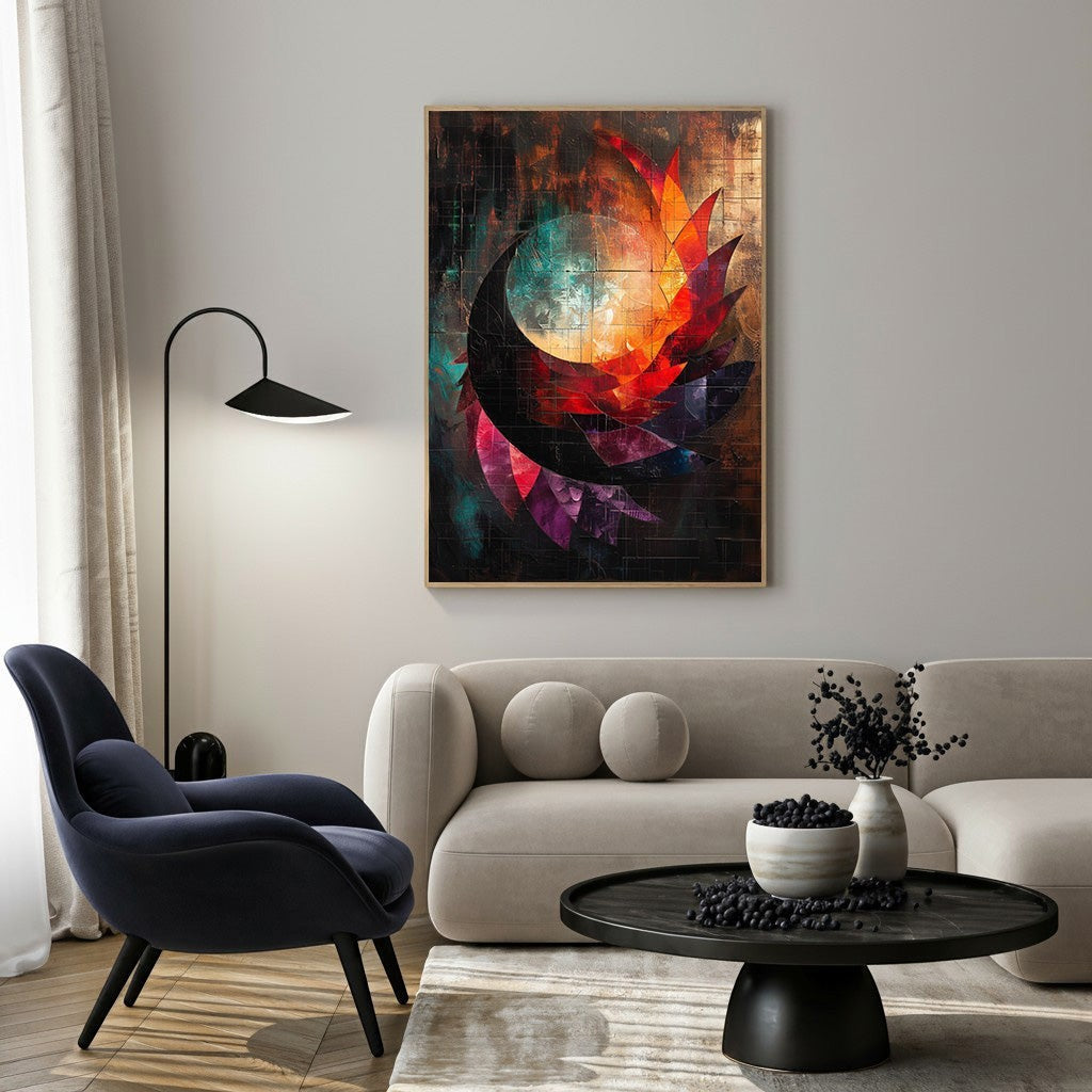 Wadi Home abstract geometric wall art with vibrant red, orange, and teal colors, featuring sharp angular shapes and a modern stained glass effect.