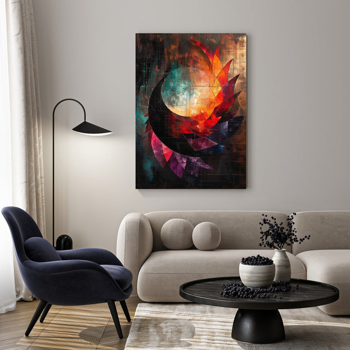 Wadi Home abstract geometric wall art with vibrant red, orange, and teal colors, featuring sharp angular shapes reminiscent of stained glass.