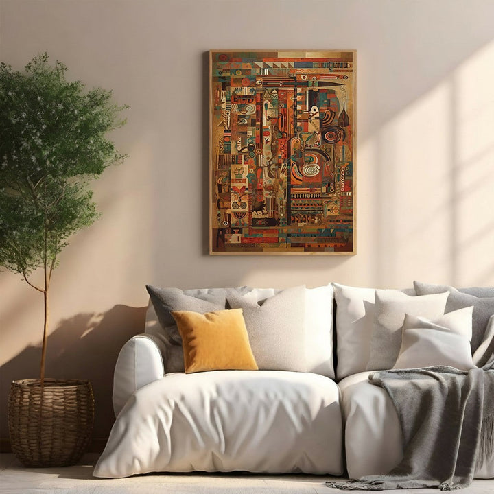 Wadi Home abstract geometric wall art with warm earth tones, deep blues, and vibrant reds. Intricate patterns and bold shapes.