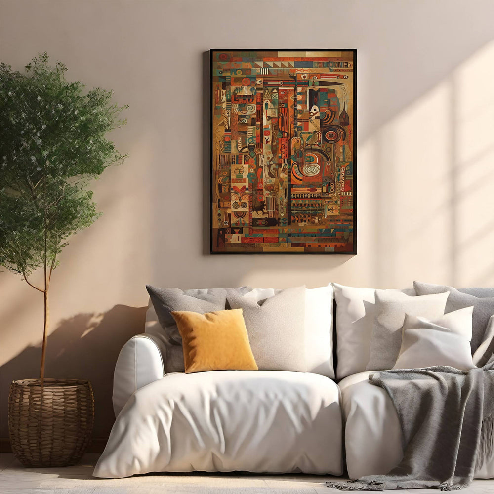 Wadi Home abstract geometric wall art with warm earth tones, deep blues, and reds. Framed artwork above a white sofa.