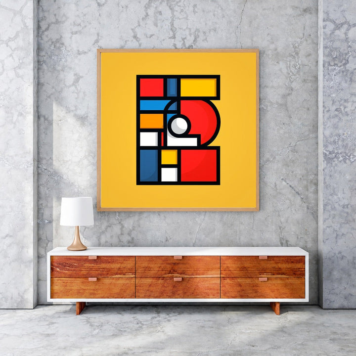 Wadi Home abstract geometric wall art with yellow background, red, blue, and white shapes. Modern art for living room.