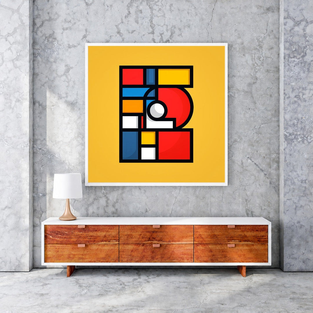 Wadi Home abstract geometric wall art with yellow background, red, blue, and white shapes. Modern art for living room.