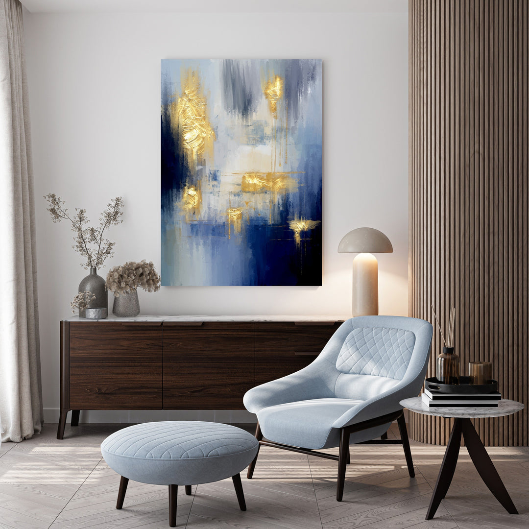 Wadi Home abstract canvas wall art with deep blues and gold leaf accents, vertical orientation.