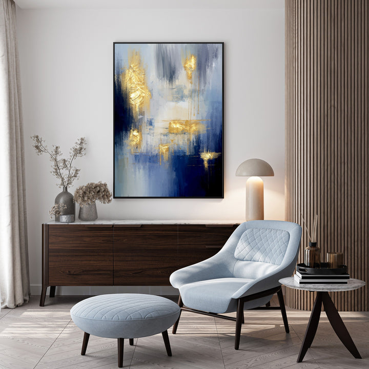 Wadi Home abstract canvas wall art with deep blues and shimmering gold leaf accents, modern luxury design.