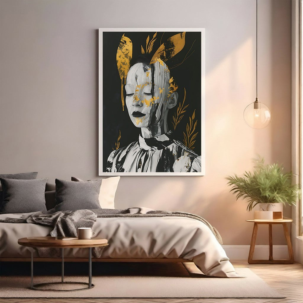 Wadi Home abstract monochrome portrait with gold leaf accents, featuring a serene face with closed eyes and textured brushstrokes.