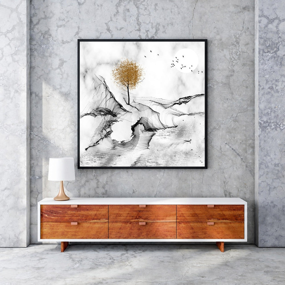 Wadi Home abstract landscape wall art with a golden tree, ink wash style, monochromatic palette, birds, and moon.