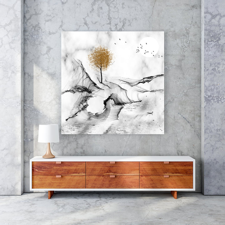Wadi Home abstract landscape wall art with a golden tree, ink wash style, birds, and moon. Monochromatic with gold accent.