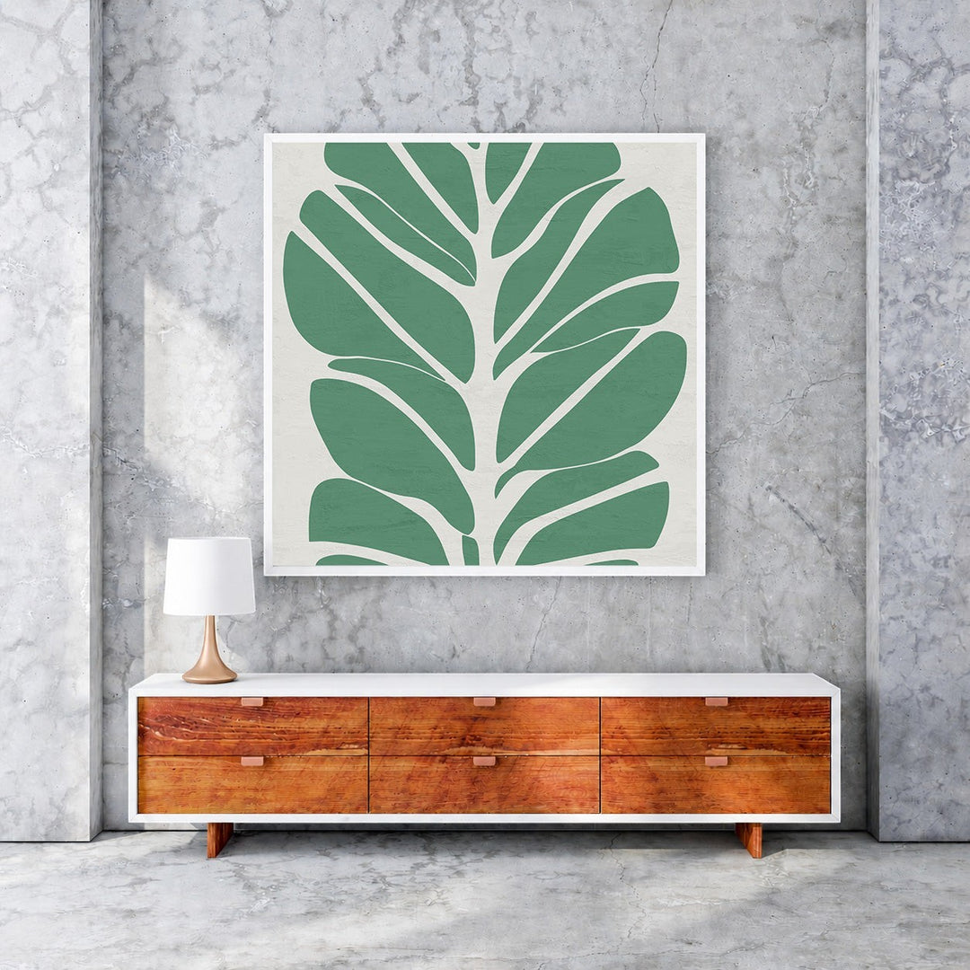 Wadi Home abstract green botanical leaf wall art on a neutral background, minimalist design.