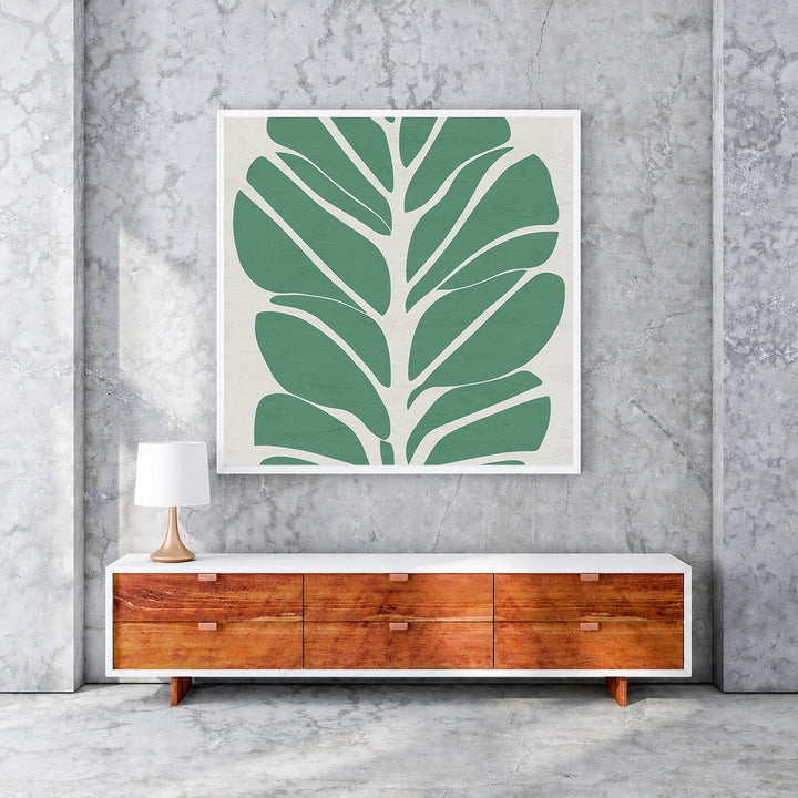 Wadi Home abstract green botanical leaf wall art on a neutral background, minimalist design.