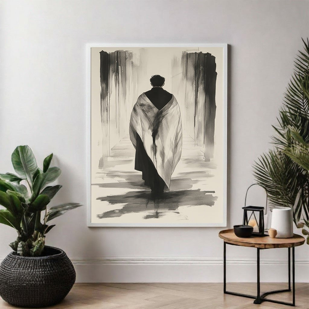 Wadi Home abstract wall art of a figure in a robe walking down a monochromatic hallway. Expressive brushstrokes.