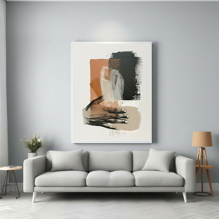 Wadi Home abstract wall art with hand motif, featuring rust, black, and cream brushstrokes.