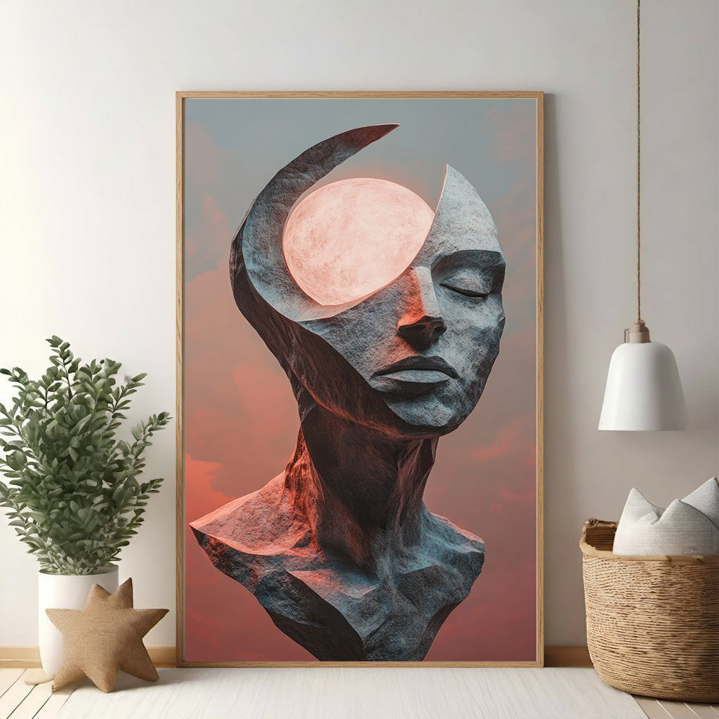 Wadi Home abstract stone sculpture of a head with closed eyes and a glowing celestial orb in place of the forehead.