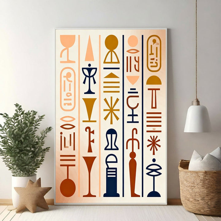 Wadi Home abstract wall art with Egyptian hieroglyphs in terracotta, ochre, and navy blue. Modern art print.