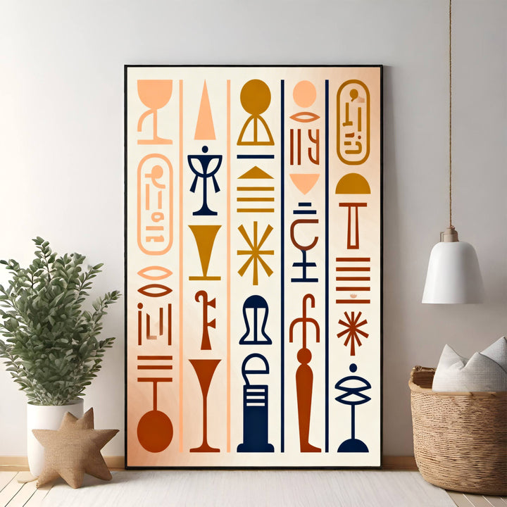 Wadi Home Abstract Hieroglyphic Wall Art print with terracotta, ochre, and navy blue Egyptian symbols in a modern style.